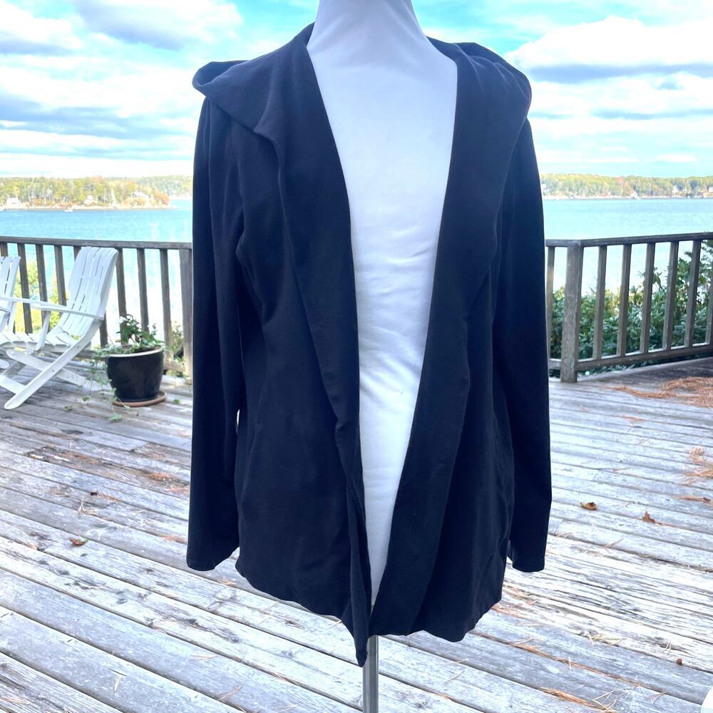 Eileen Fisher Black Organic Cotton Open Front Hoodie Cardigan L